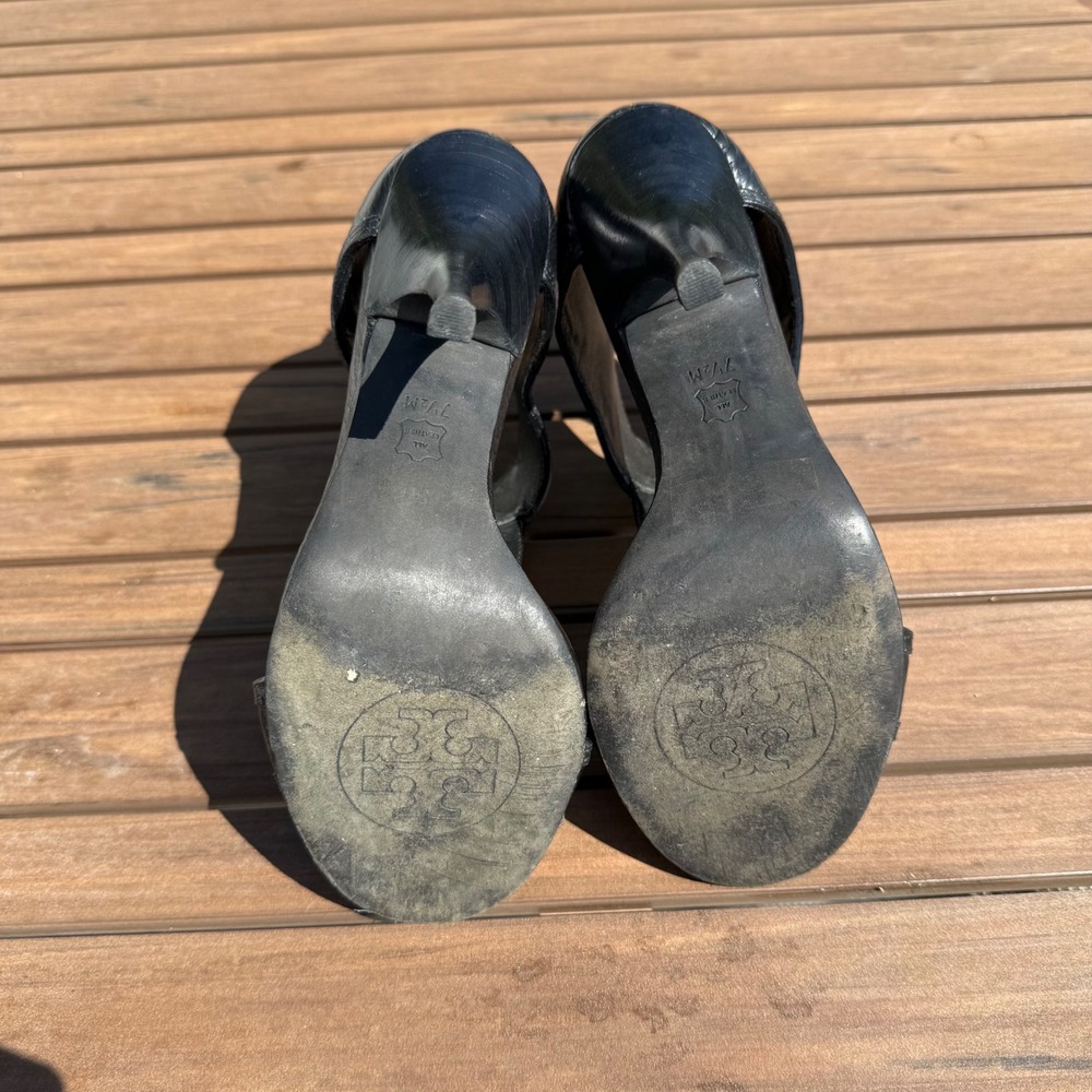 Tory Burch Heels Black Size 7.5 Torben Tumbled Rhino Leather Peep Toe‎ - Picture 9 of 11